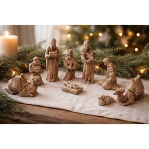 Vintage‎ 80's Nativity 9pc Set Rustic Ceramic Christmas Decor Bethlehem Holyland